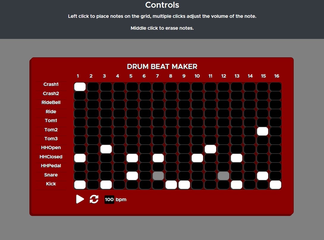 This web app that was built with React lets you create drum beats using up to 12 instruments
     by pointing and clicking to place notes on an interactive grid. Building this webapp was instrumental in 
     getting me familiar with the React Framework. I have plans to expand the Drum Beat Maker's functionality 
     to include more drumkits, time signature settings. I hope to eventually implement some of it's 
     functionality into a fully fledged music composing webapp.
