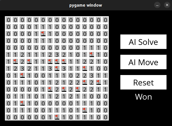 This is an assignment I submitted to a CS50 AI class I took. I later 
		added extra functionality to this. The python application, developed in
		pygame, is able to recognize 'safe spots' in a minesweeper board using multiple patterns
		that we often use ourselves to play. It has AI auto-solve and manual solve options.